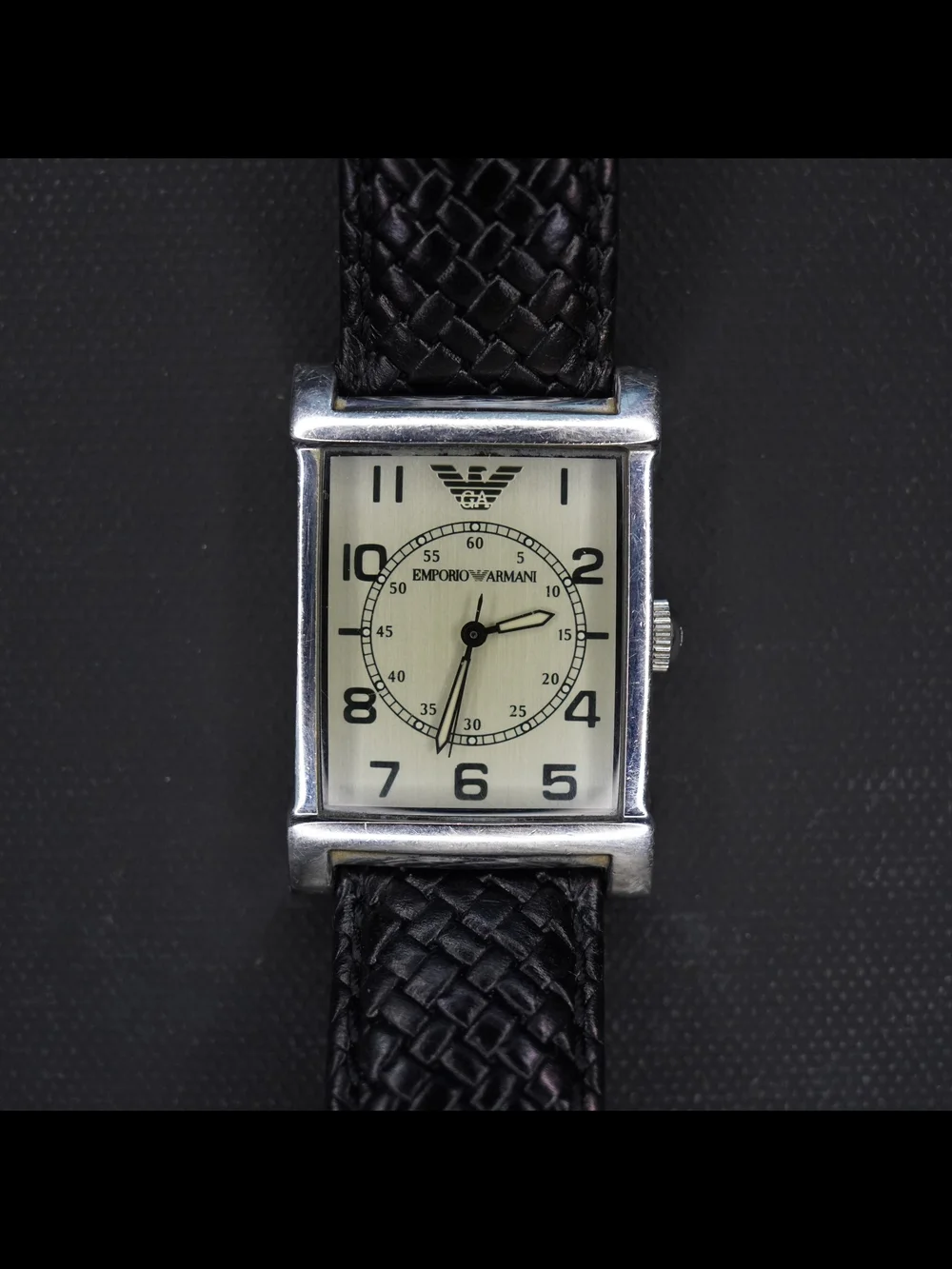 Emporio Armani AR-0211 Men's Tank Silver Dial Quartz Watch Black Leather